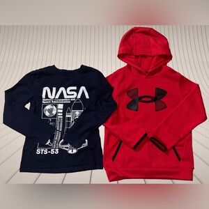 Boys Size Small Under Armour Red Hoodie + H&M NASA Graphic Long Sleeve Tee